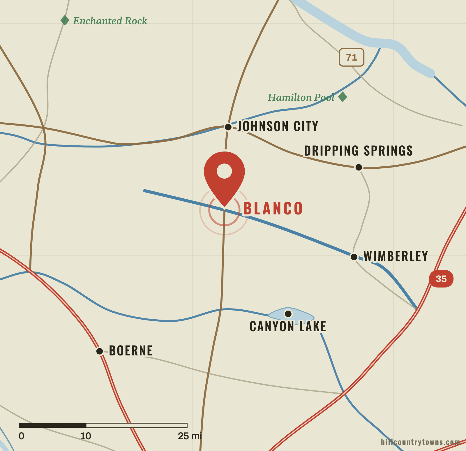 Map showing Blanco on the Blanco River south of Johnson City in Blanco County