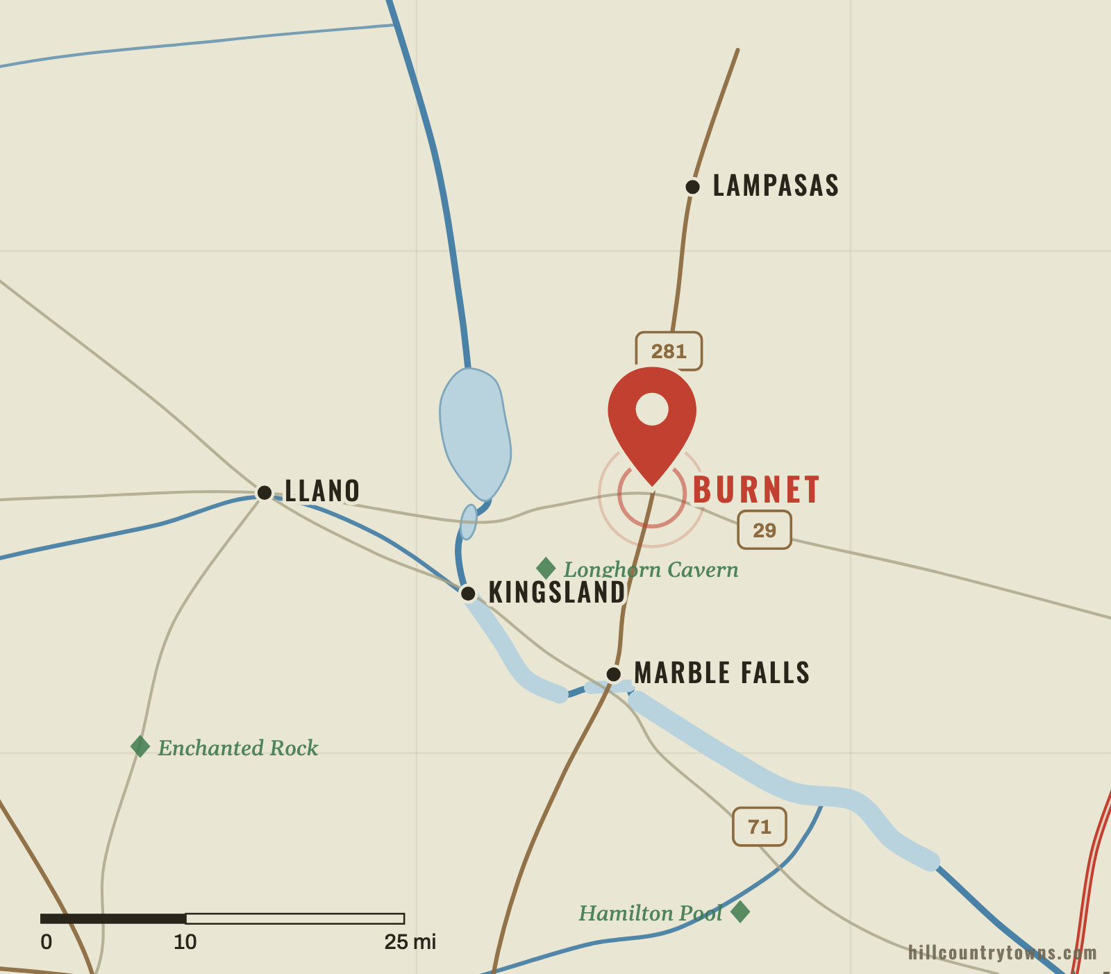 Map showing Burnet north of Marble Falls near the Brazos and Colorado watershed divide in Burnet County