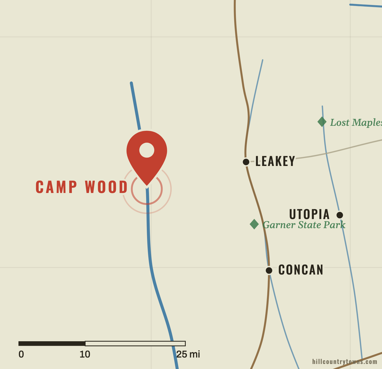 Map showing Camp Wood on the Nueces River west of Leakey in Real County
