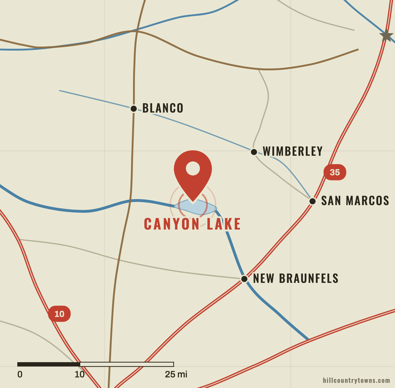 Map showing Canyon Lake on the Guadalupe River northwest of New Braunfels in Comal County