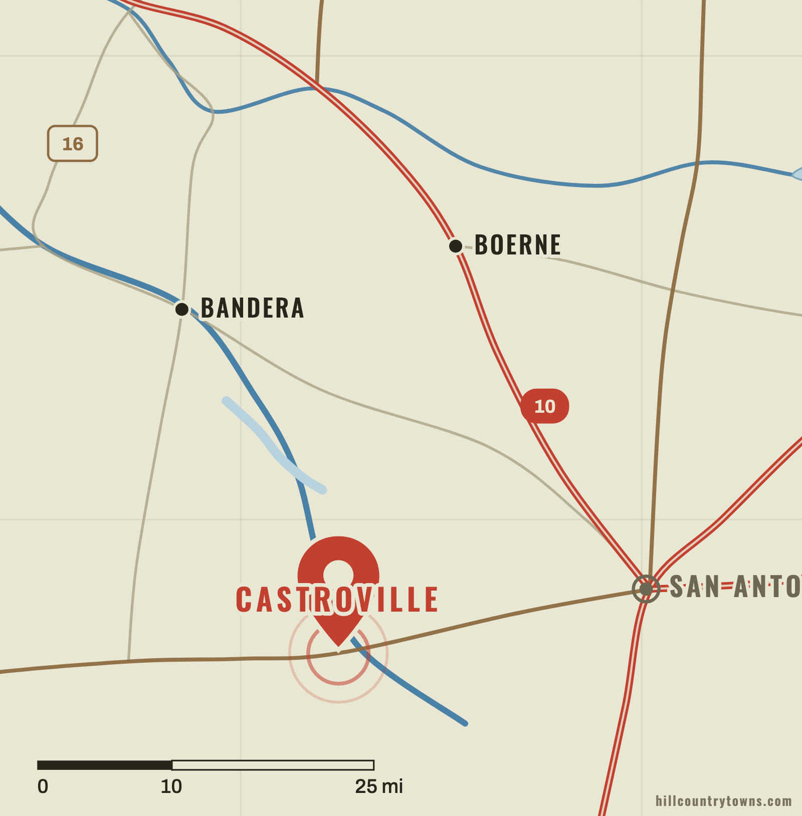 Map showing Castroville on the Medina River west of San Antonio at the southern Hill Country edge
