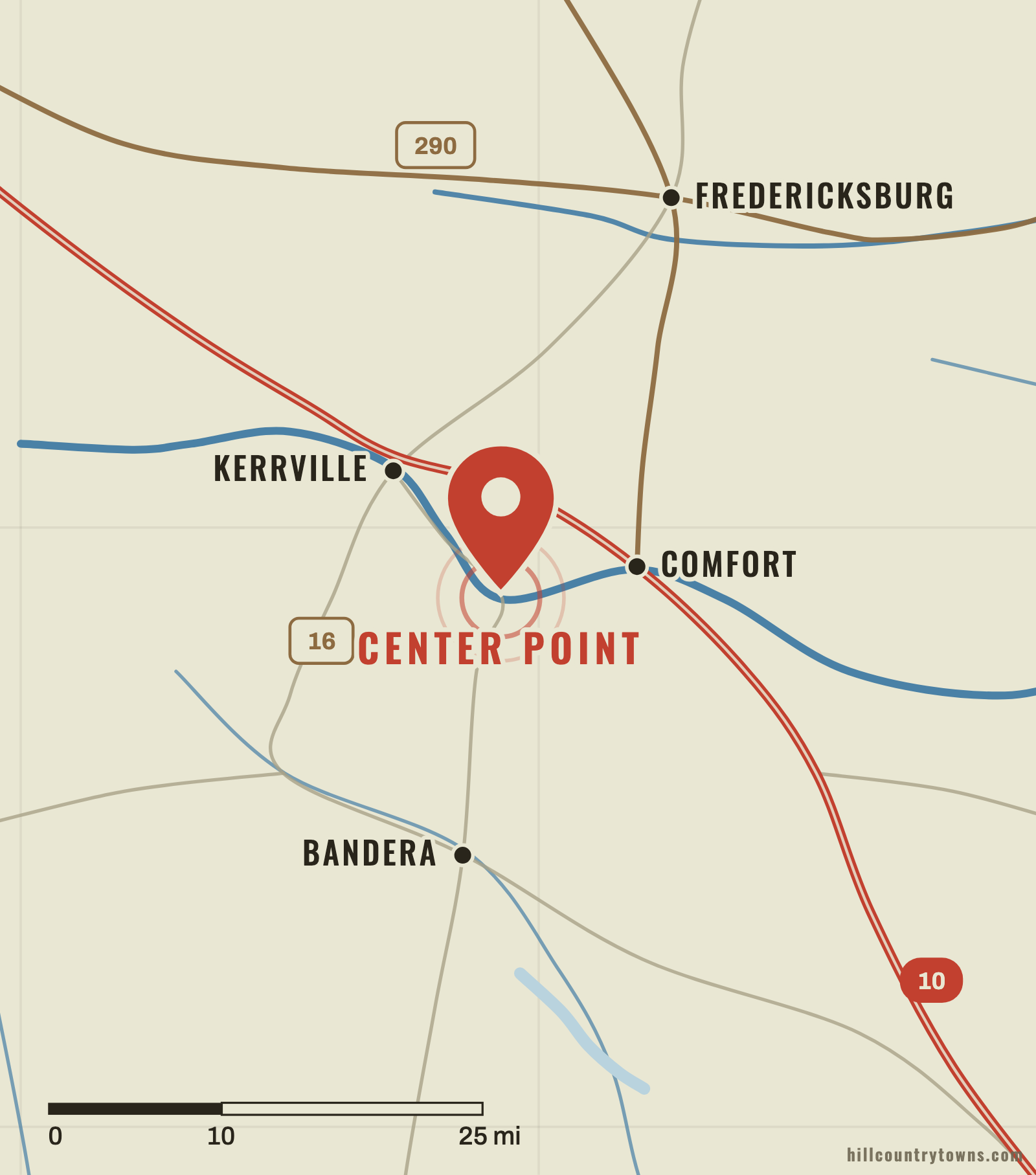 Map showing Center Point on the Guadalupe River between Kerrville and Comfort in Kerr County