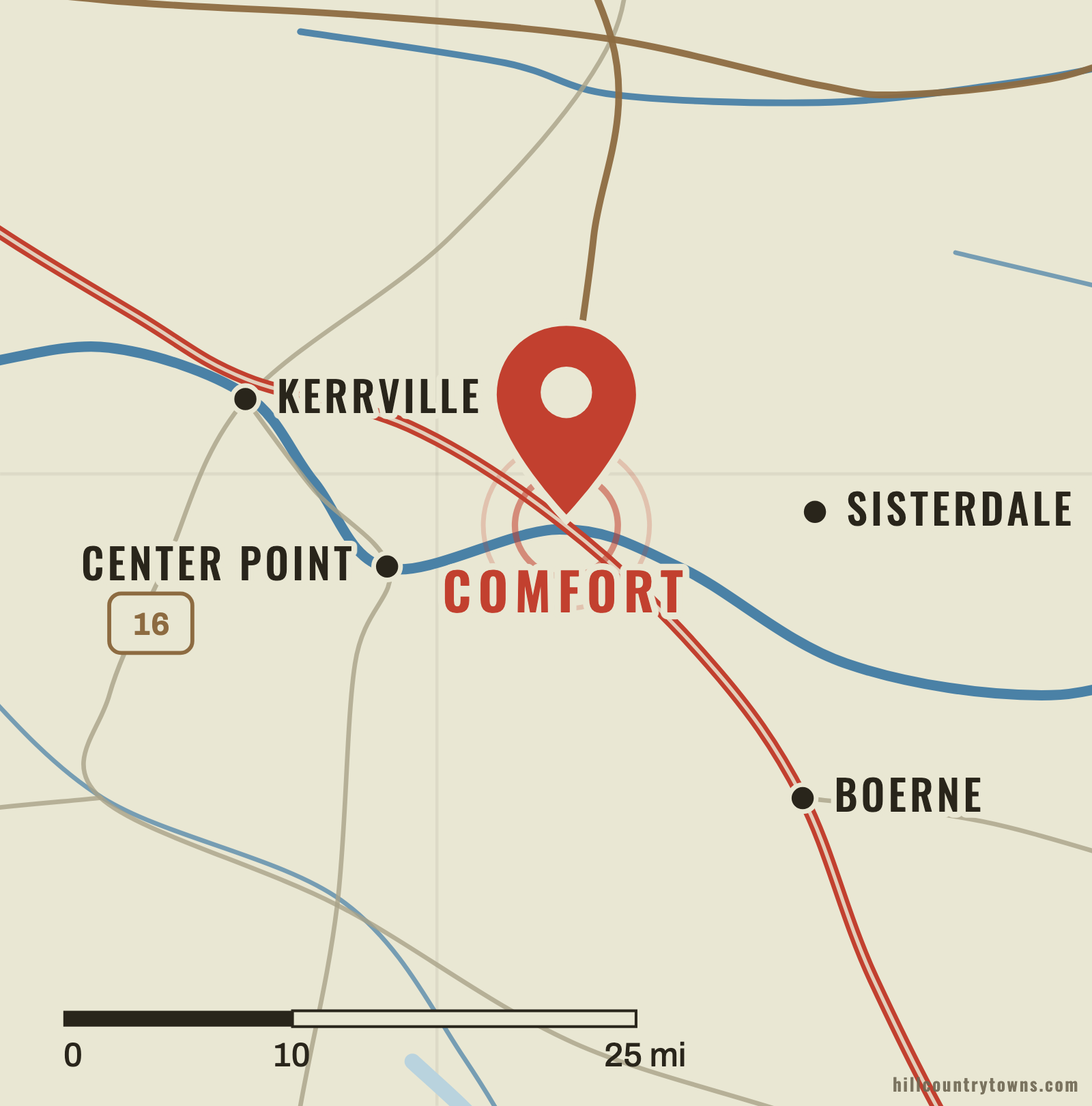 Map showing Comfort northwest of Boerne near Cypress Creek and the Guadalupe River