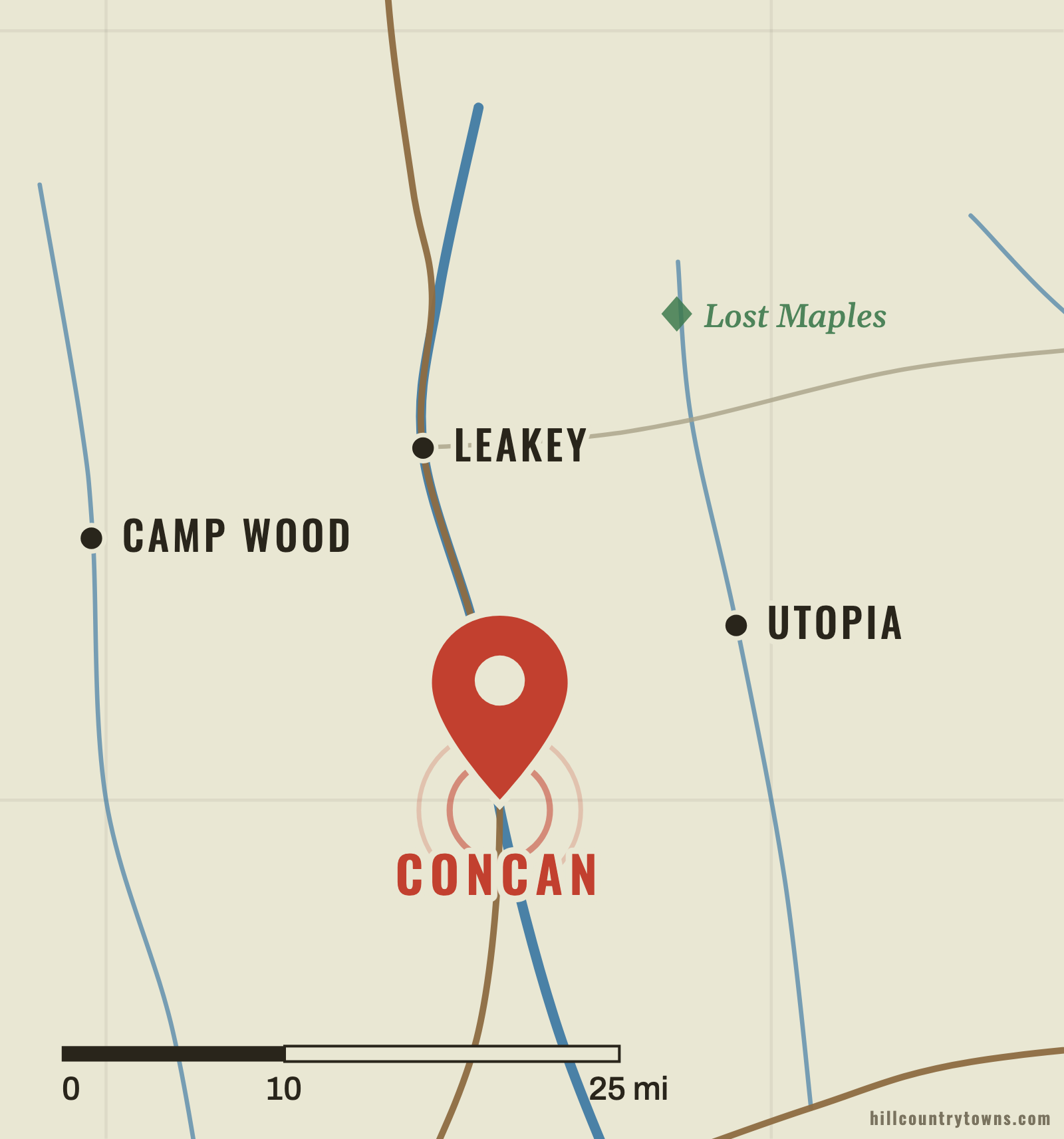 Map showing Concan on the Frio River south of Leakey and Garner State Park in Uvalde County