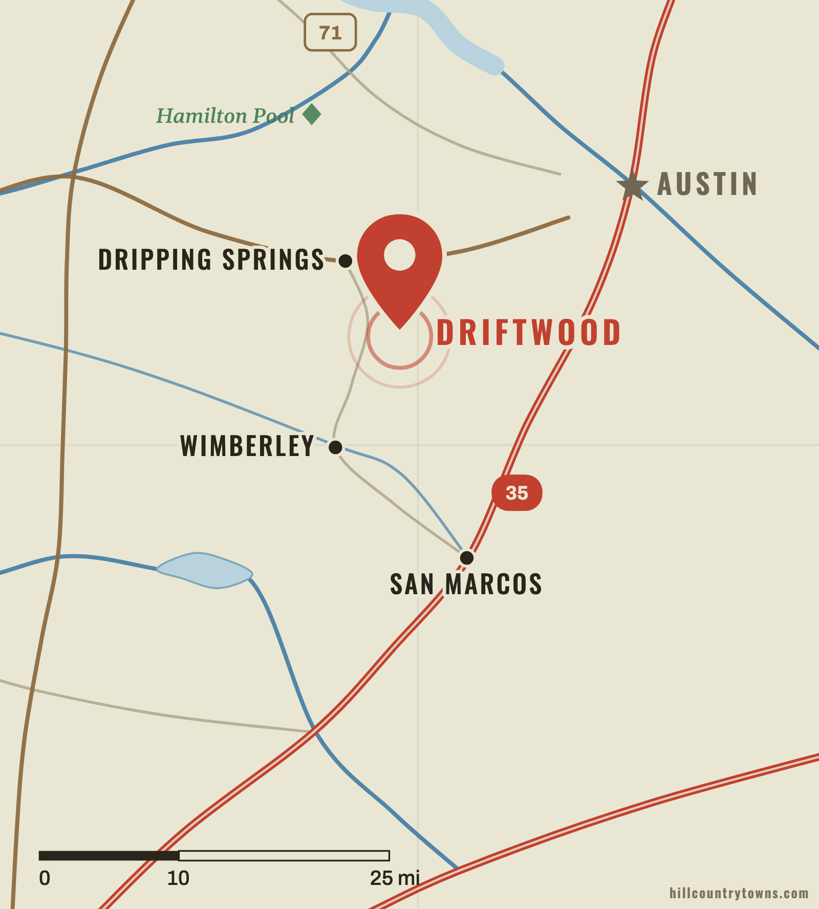 Map showing Driftwood between Wimberley, Dripping Springs and San Marcos in Hays County
