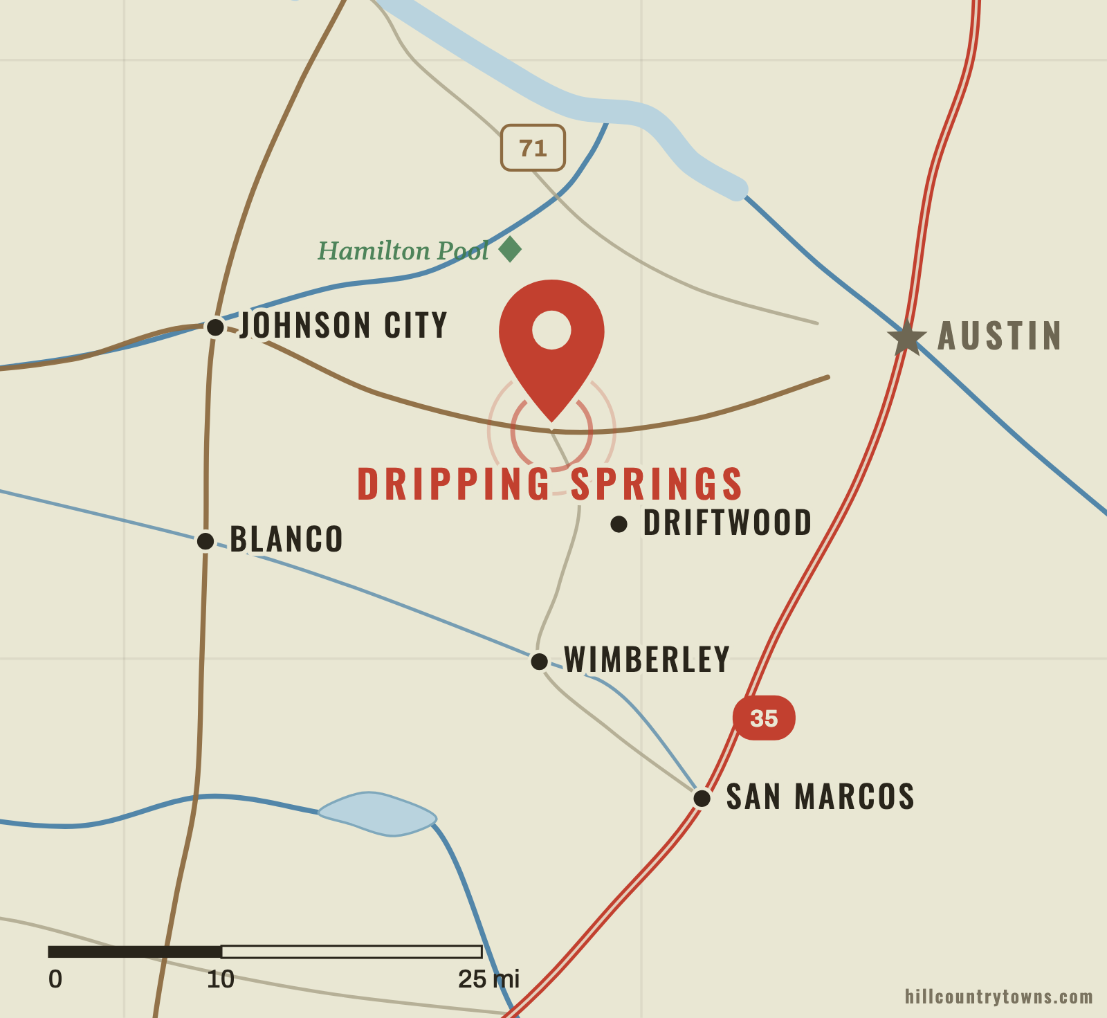 Map showing Dripping Springs on US 290 west of Austin in northern Hays County