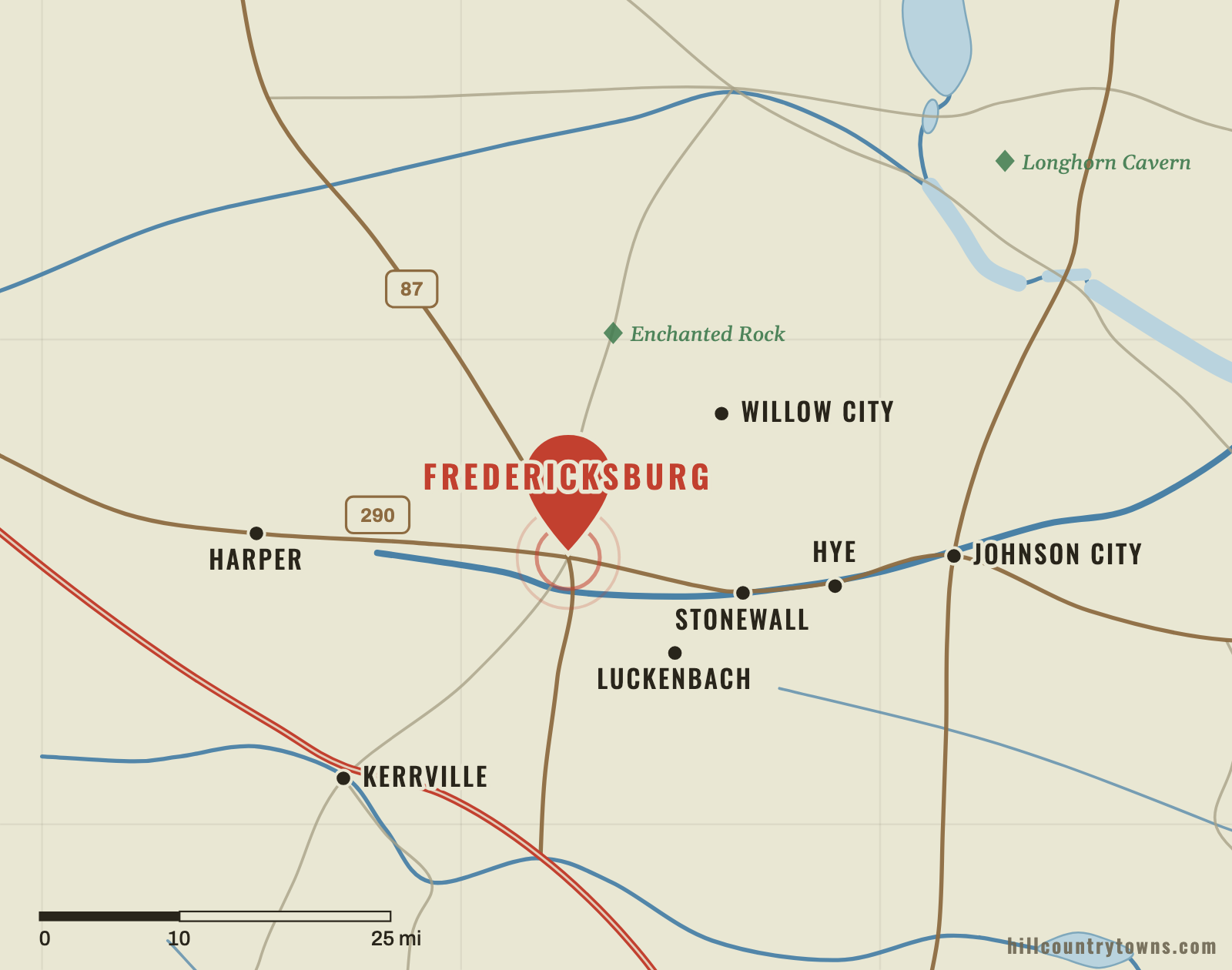 Map showing Fredericksburg in central Gillespie County with nearby Texas Hill Country towns