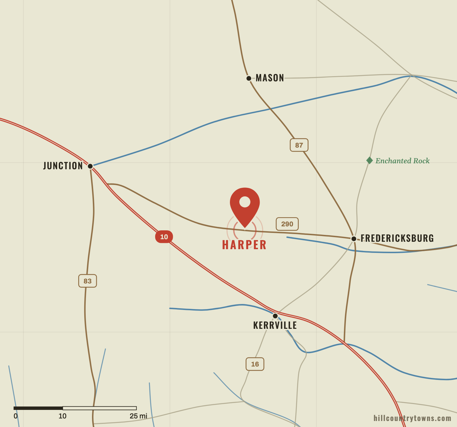 Map showing Harper west of Fredericksburg on US 290 in western Gillespie County