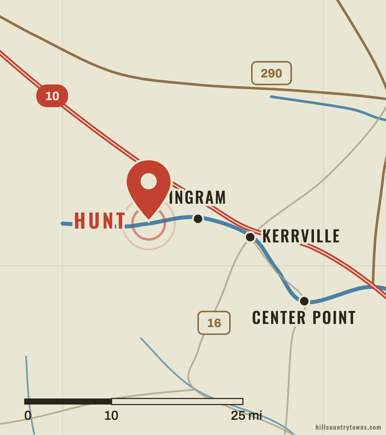 Map showing Hunt where the North and South forks of the Guadalupe River meet west of Kerrville