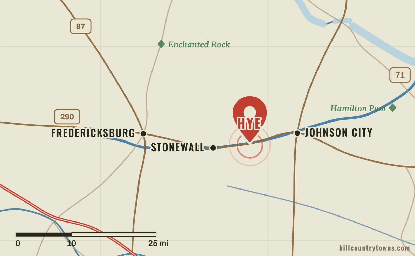 Map showing Hye on US 290 between Stonewall and Johnson City in Blanco County