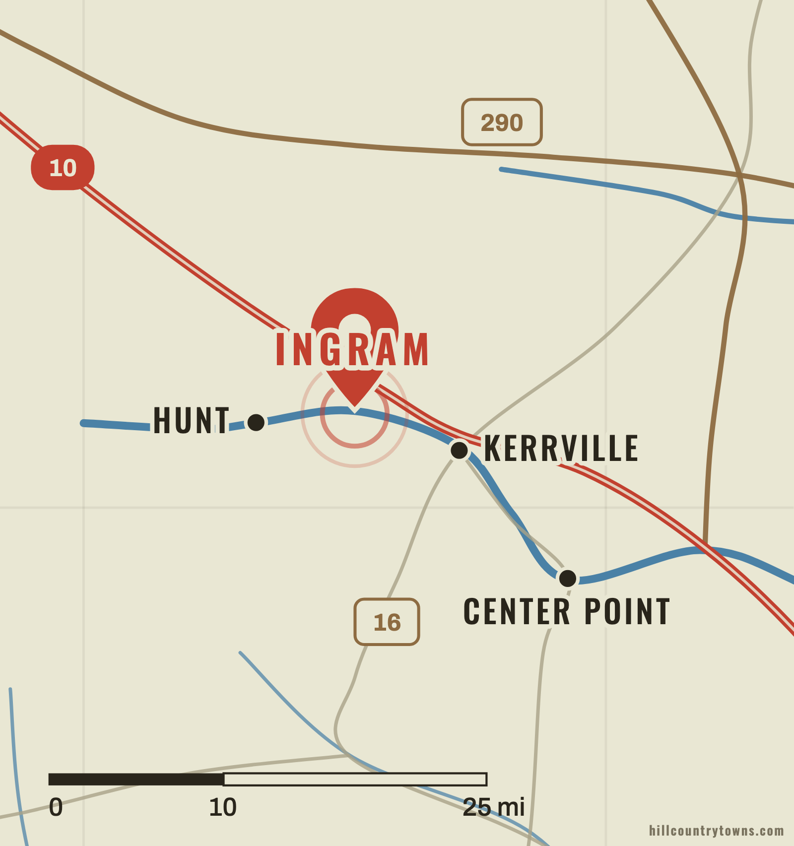 Map showing Ingram on the Guadalupe River west of Kerrville in Kerr County
