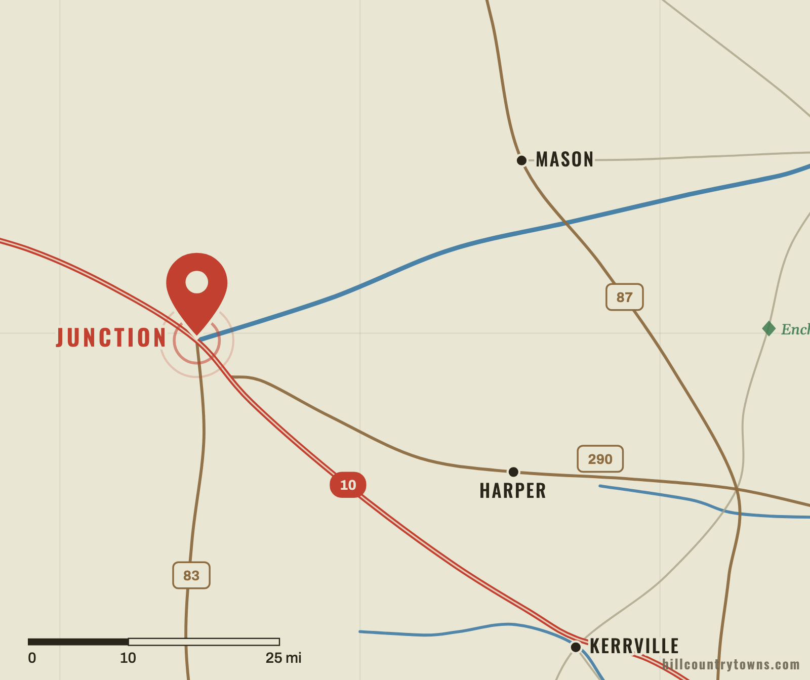 Map showing Junction where the North and South Llano rivers meet in Kimble County