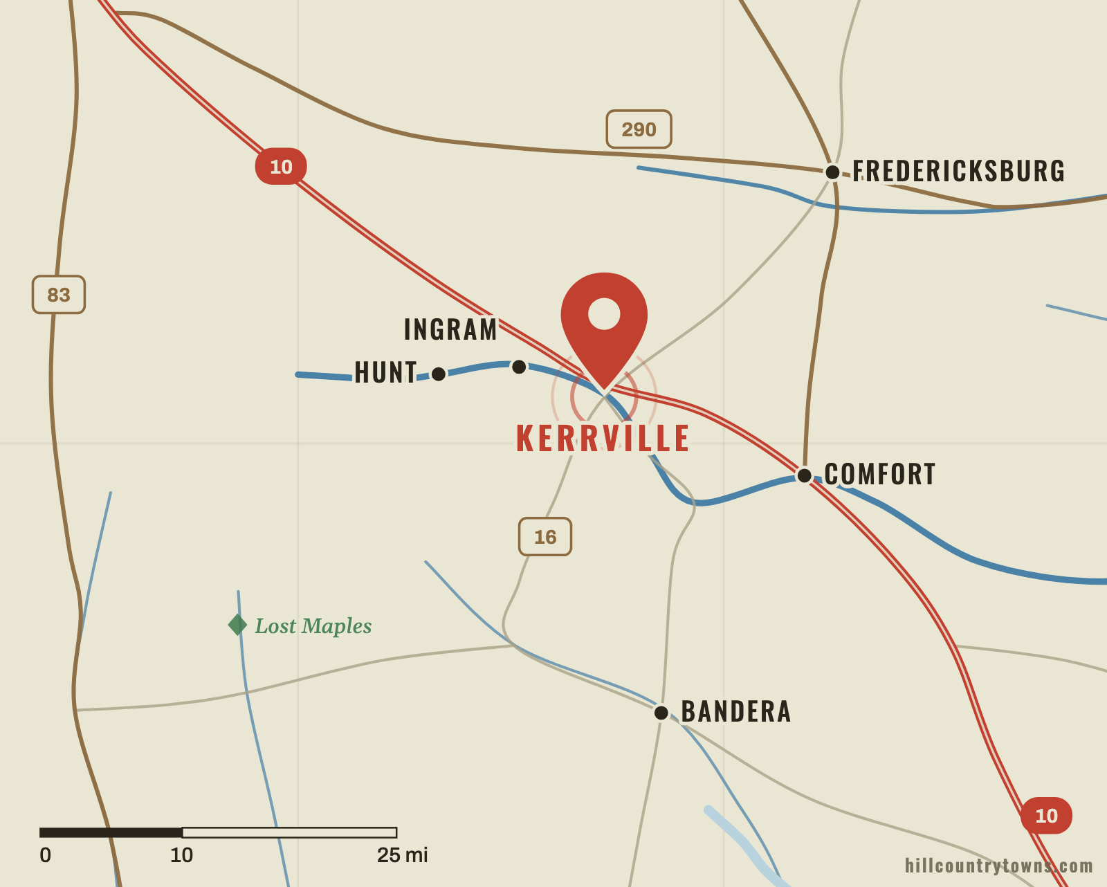 Map showing Kerrville on the Guadalupe River in the western Texas Hill Country