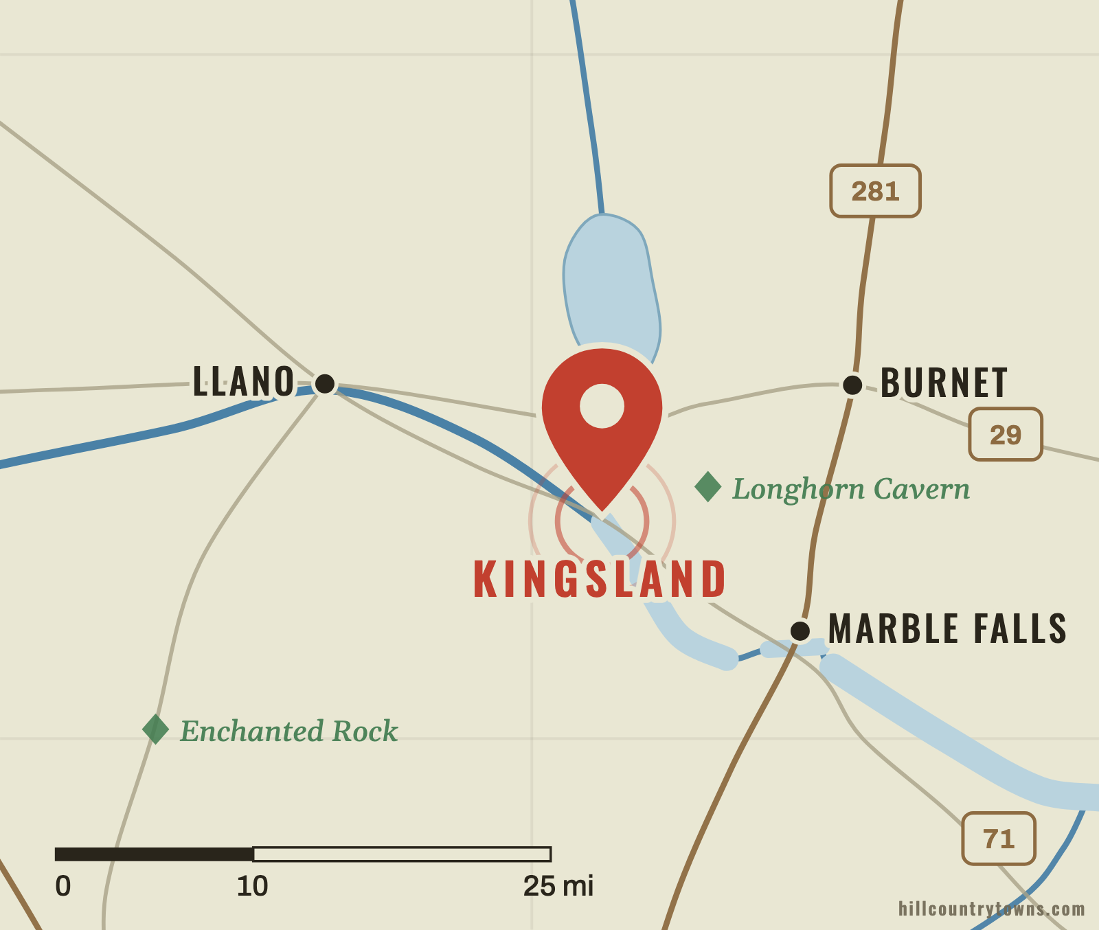 Map showing Kingsland where the Llano River enters the Lake LBJ and Colorado River system in Llano County