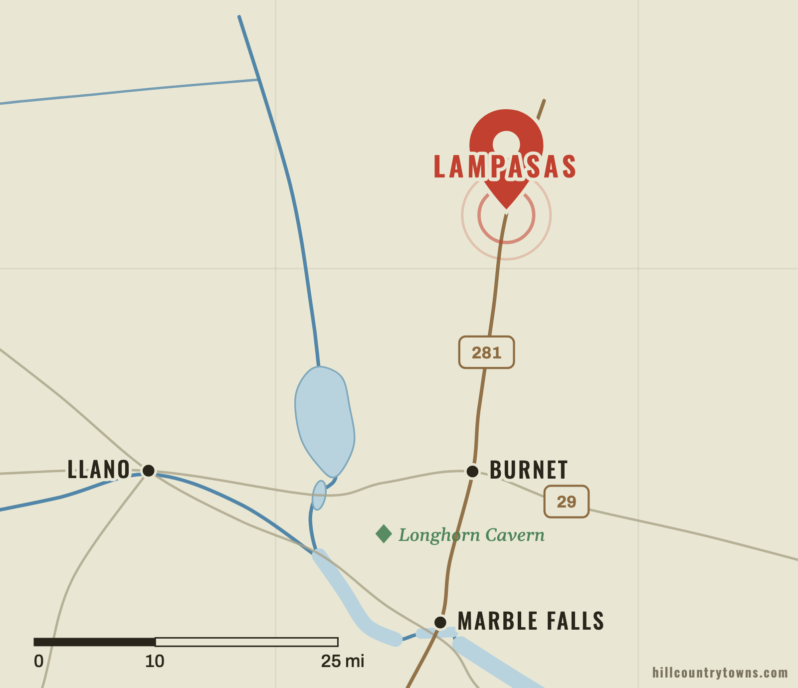 Map showing Lampasas north of Burnet on Sulphur Creek at the northern Hill Country transition