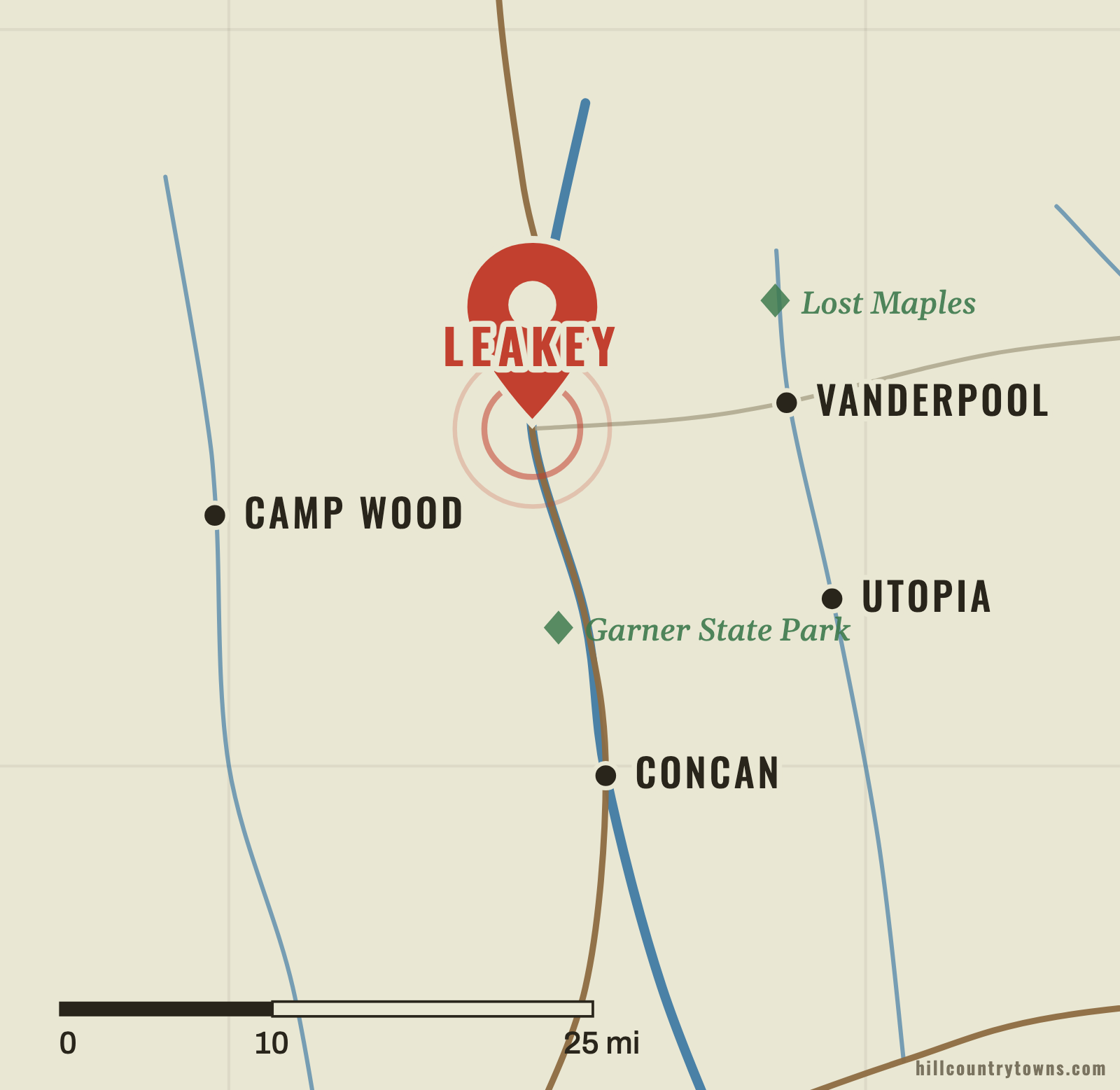 Map showing Leakey in the Frio Canyon southwest of the East and West Frio confluence in Real County