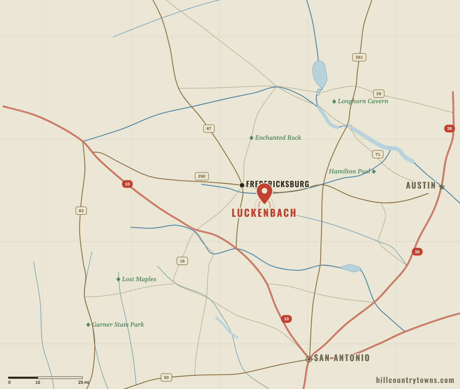 Map showing Luckenbach southeast of Fredericksburg in Gillespie County, Texas