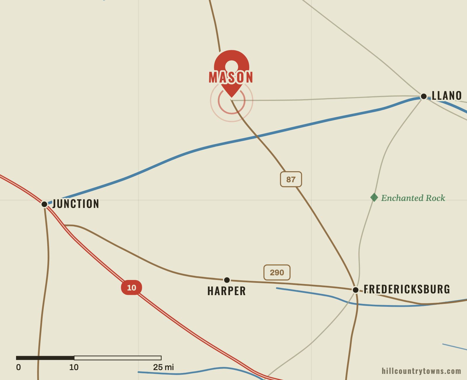 Map showing Mason west of Llano and northwest of Fredericksburg in Mason County