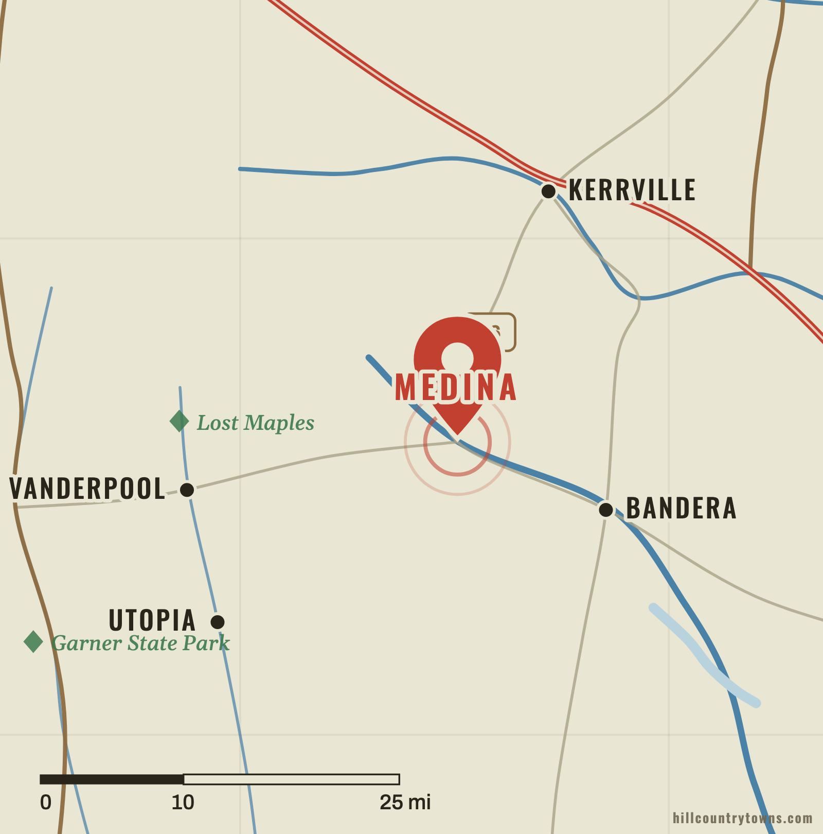 Map showing Medina northwest of Bandera near the confluence of the Medina River headwater prongs