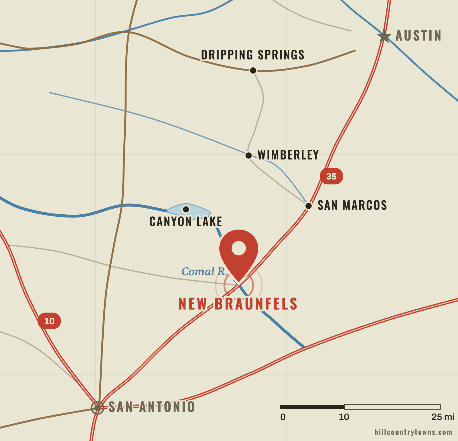 Map showing New Braunfels where the Comal River meets the Guadalupe on the southeastern Hill Country edge