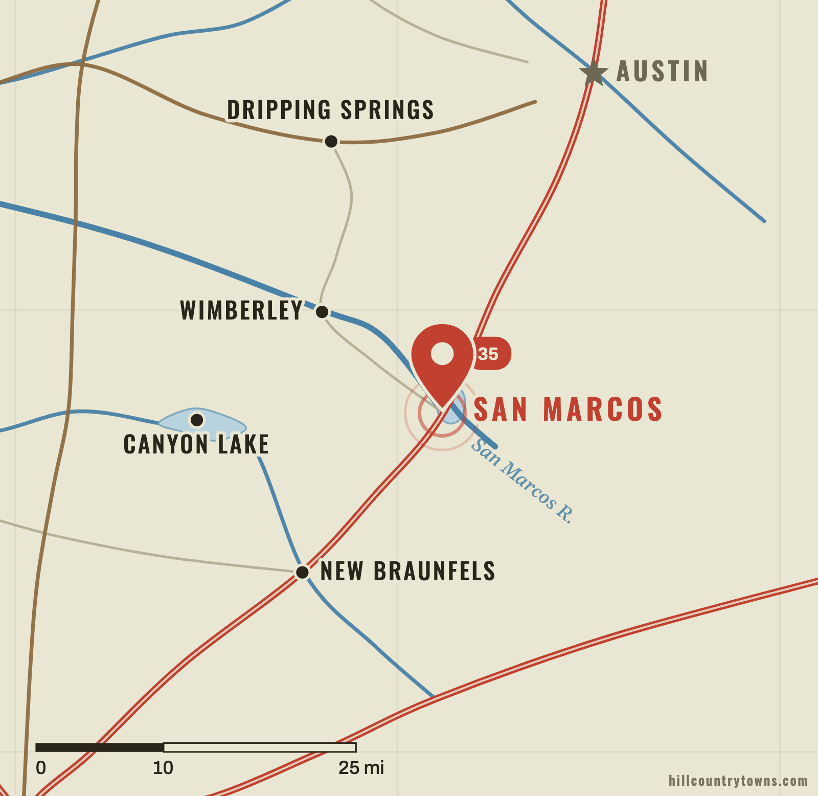 Map showing San Marcos south of Austin at the headwaters of the San Marcos River in Hays County