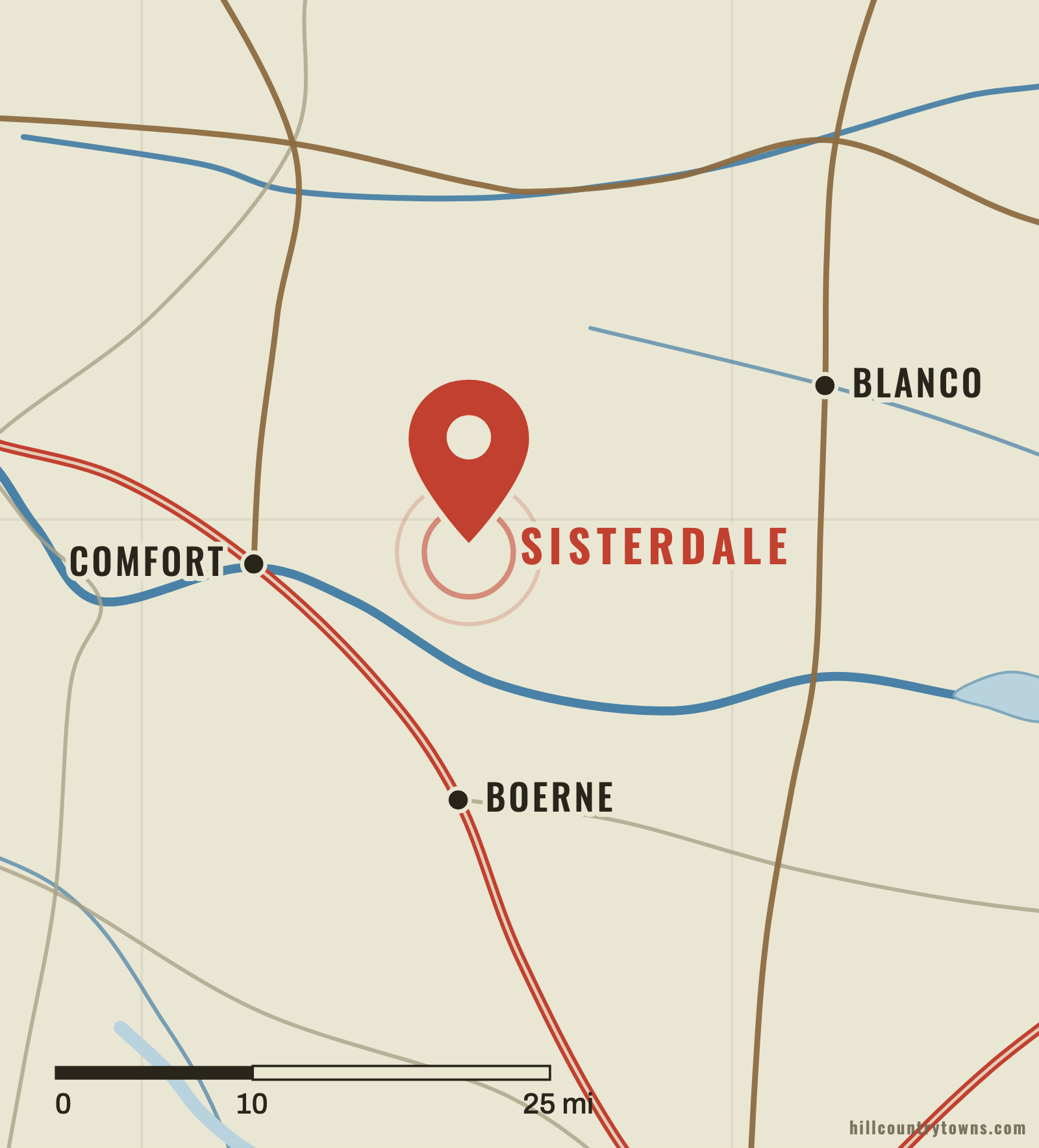 Map showing Sisterdale north of Boerne in the Sister Creek valley of Kendall County