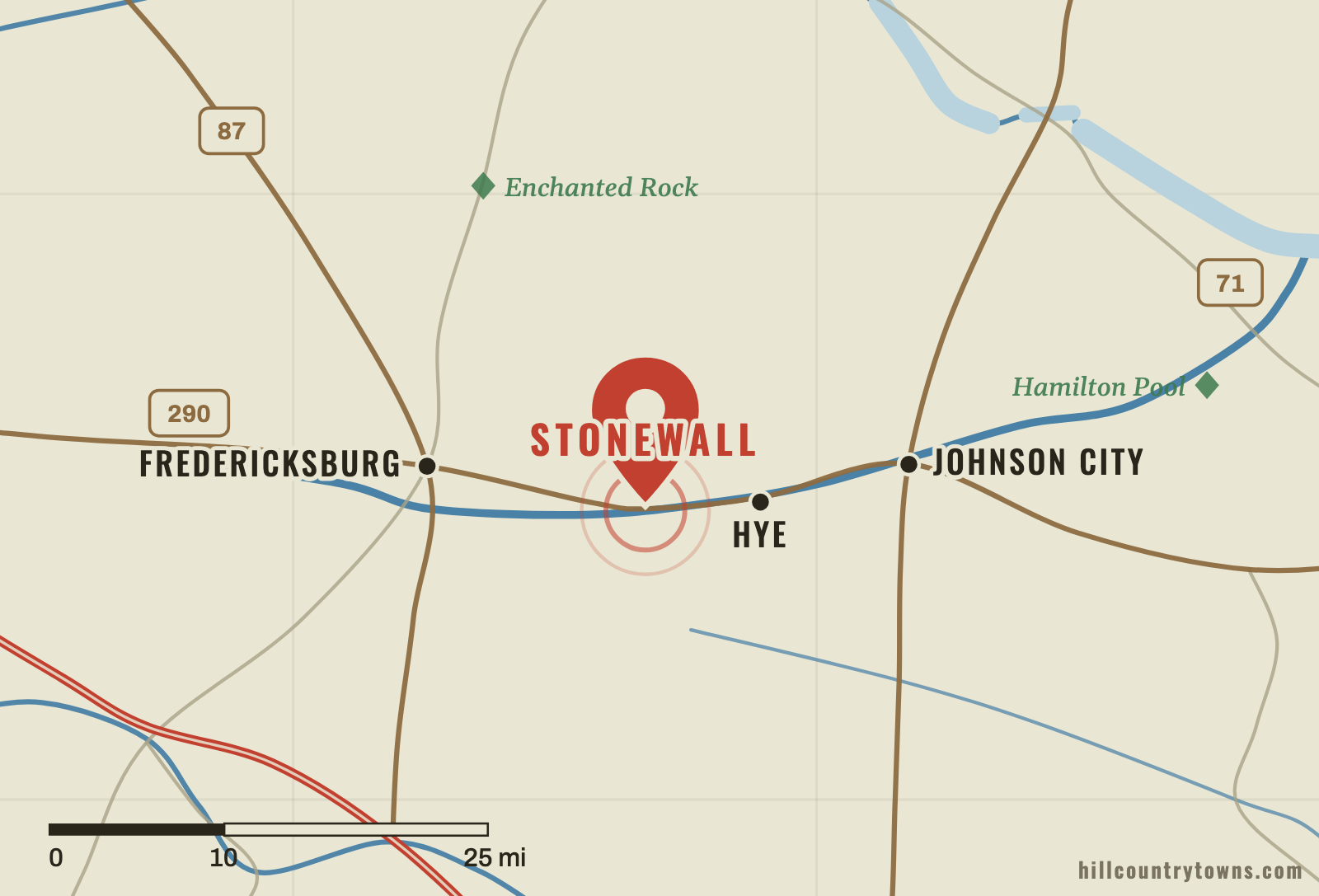 Map showing Stonewall on the Pedernales River east of Fredericksburg in Gillespie County