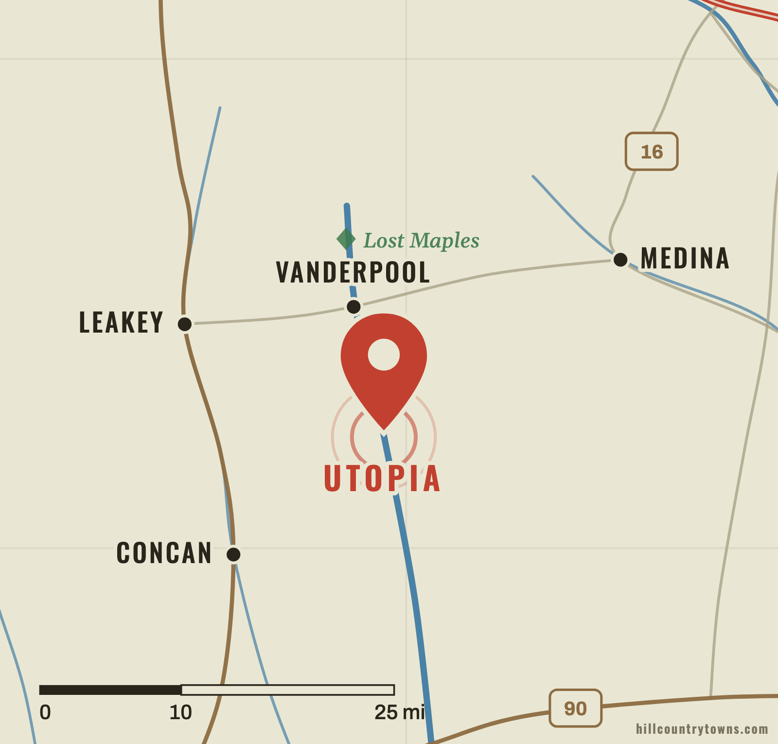 Map showing Utopia on the Sabinal River south of Vanderpool in Uvalde County