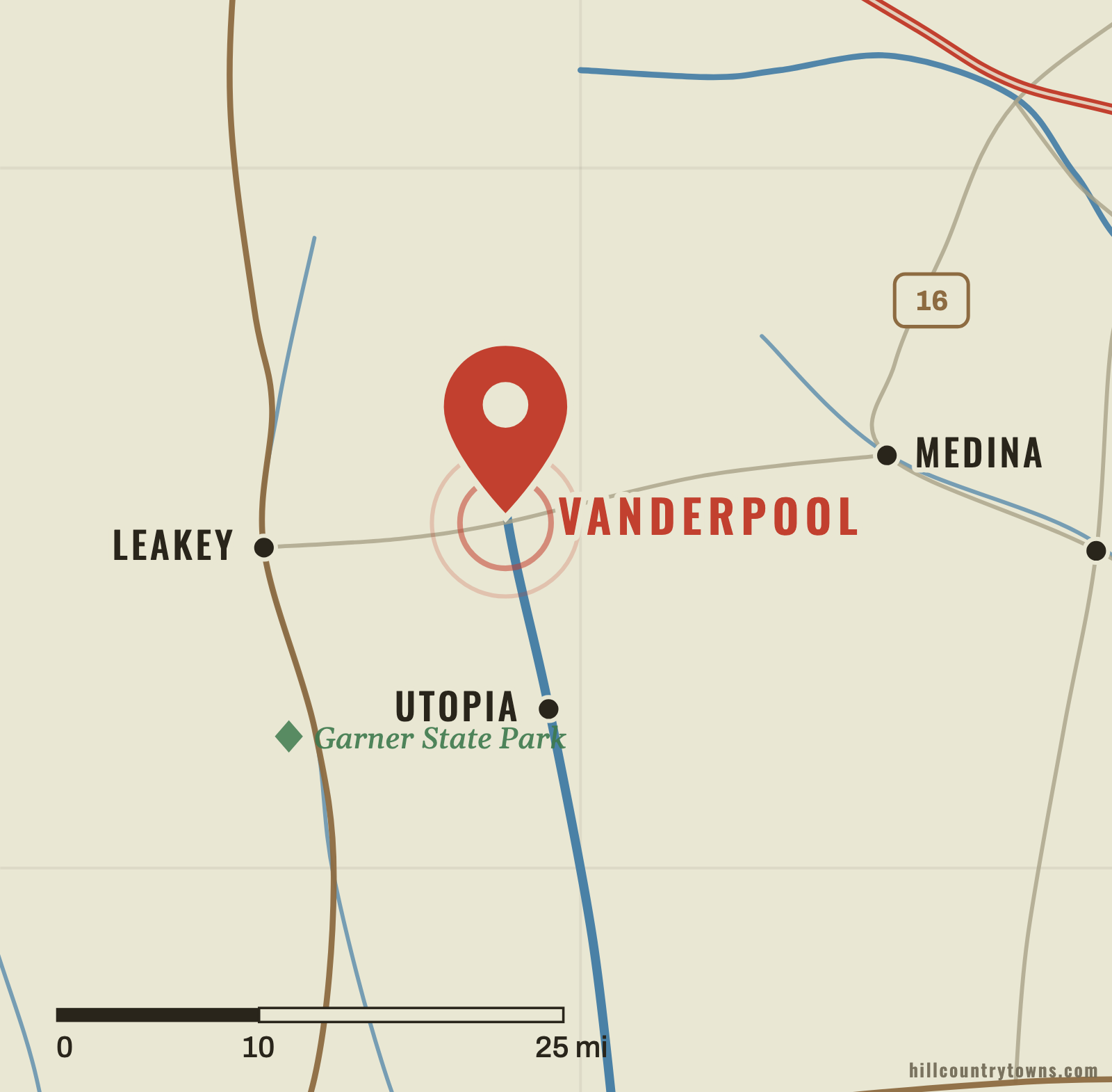 Map showing Vanderpool in the Sabinal Canyon north of Utopia and south of Lost Maples in Bandera County
