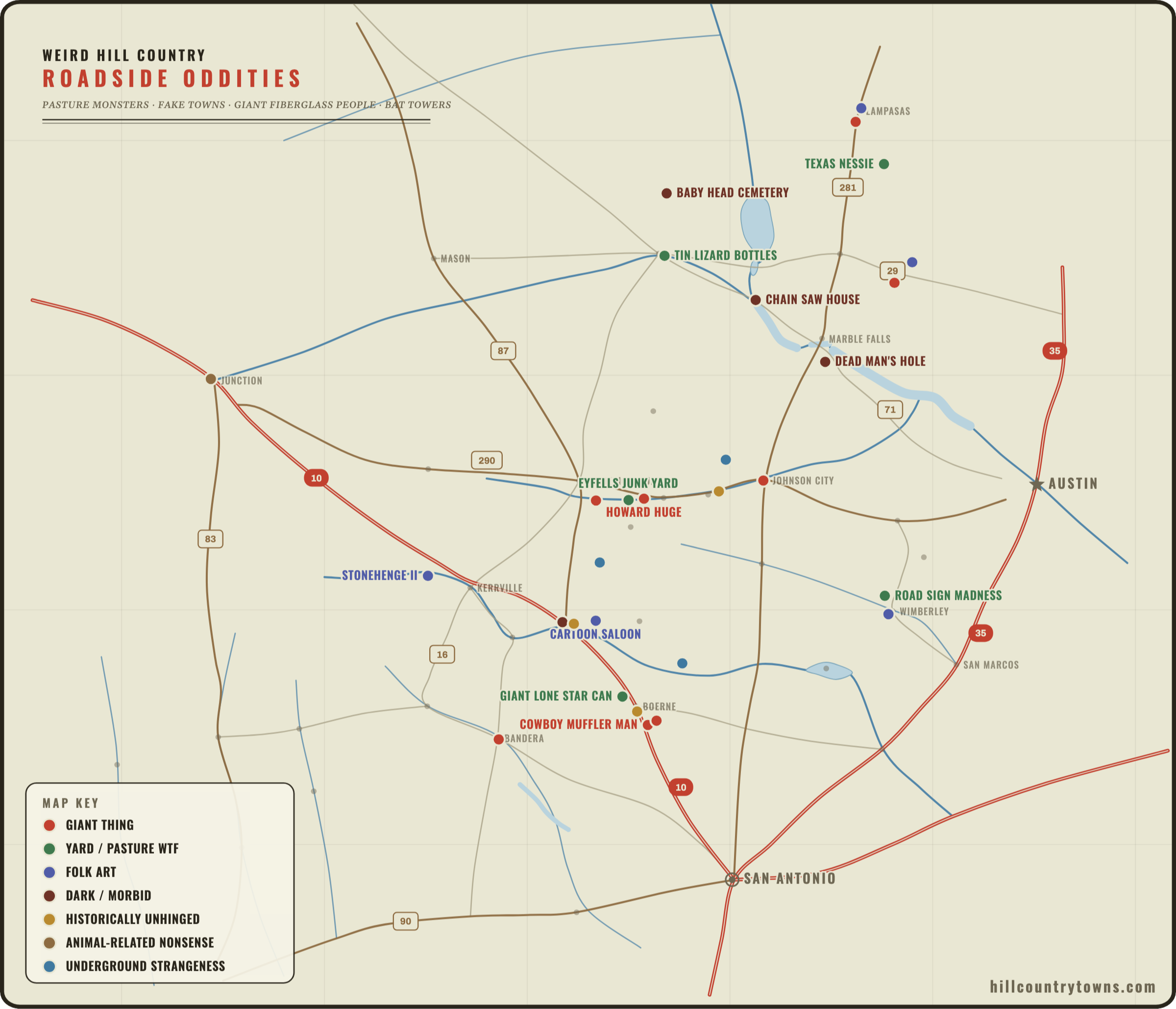 Map of weird Texas Hill Country roadside attractions including Texas Nessie, Stonehenge II, giant fiberglass cowboys, Baby Head Cemetery, the Chain Saw house and junk-art yards, plotted by category across the region