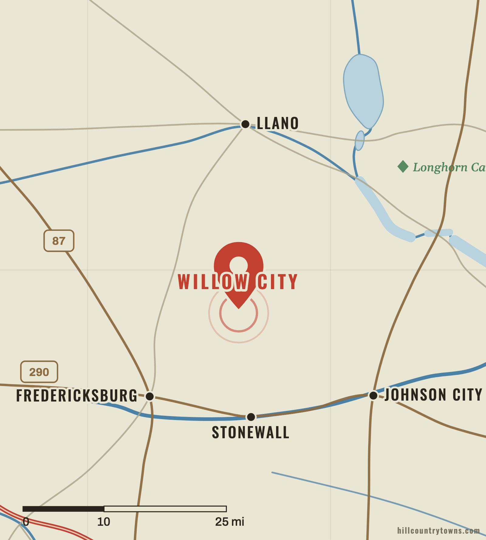 Map showing Willow City northeast of Fredericksburg on Willow Creek in Gillespie County