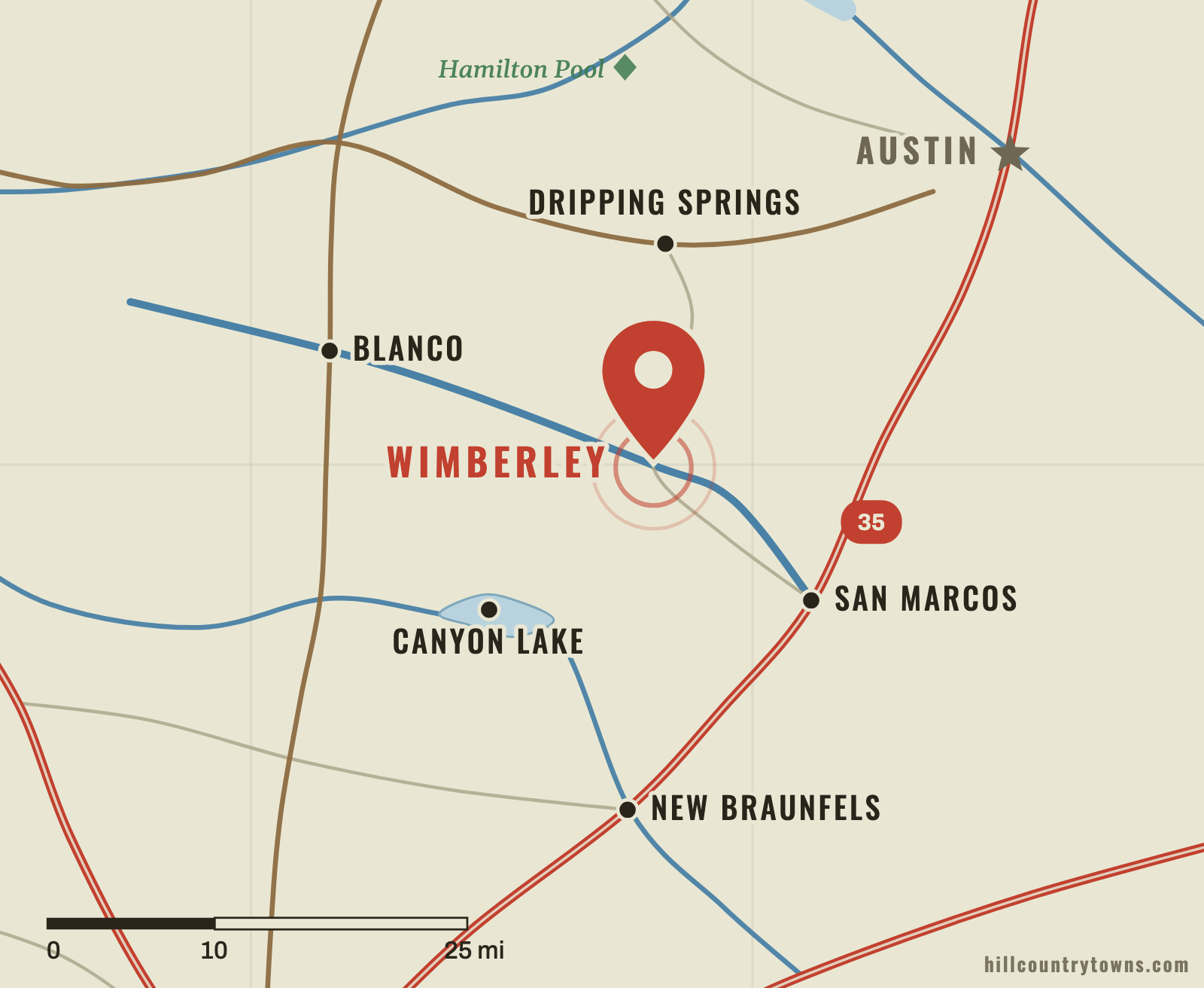 Map showing Wimberley west of San Marcos near Cypress Creek and the Blanco River