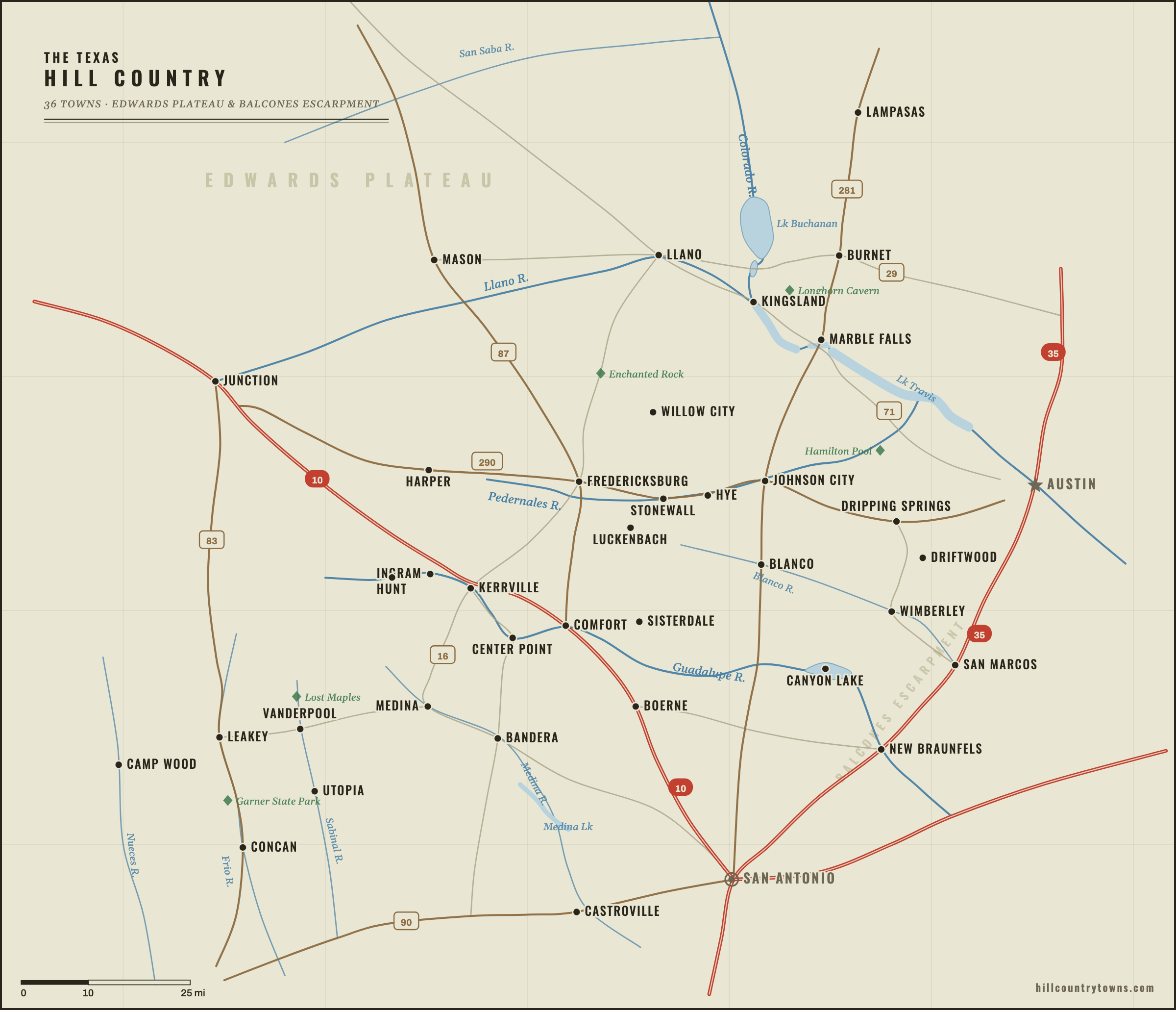 Map of 36 Texas Hill Country towns including Fredericksburg, Kerrville, Luckenbach, Wimberley and New Braunfels